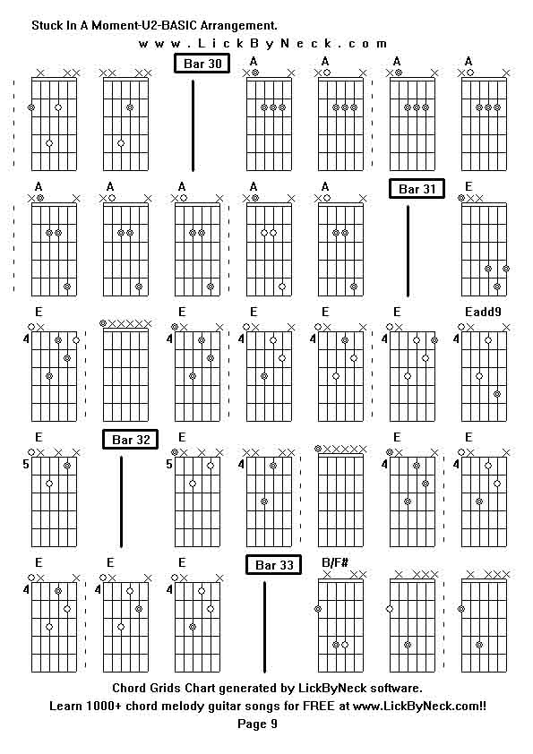 Chord Grids Chart of chord melody fingerstyle guitar song-Stuck In A Moment-U2-BASIC Arrangement,generated by LickByNeck software.